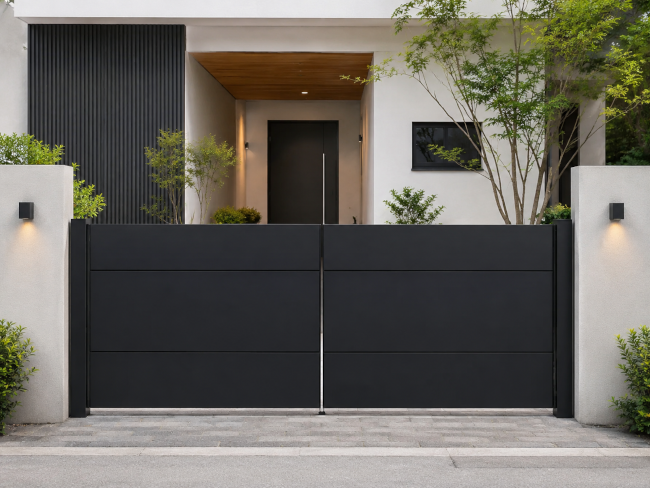 Minimal black metal gate for a modern small house