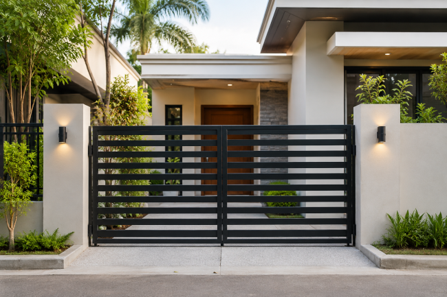 Modern horizontal slat gate on a small house