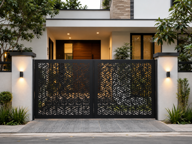 Modern laser-cut gate design for a small house