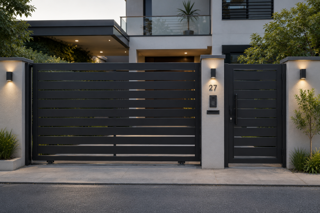 Main house gate with a small pedestrian door