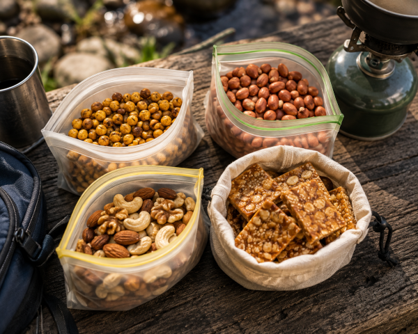 Roasted chana, peanuts, nuts and chikki packed for camping