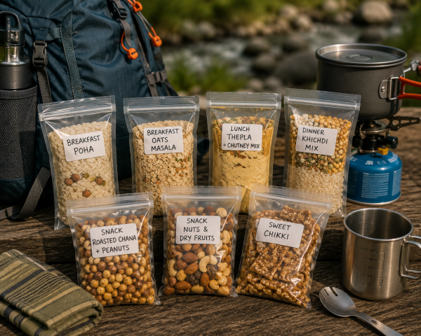 Lightweight dry Indian meal packs beside backpacking gear