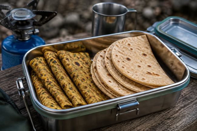 Thepla and rotis packed in a reusable container for camping