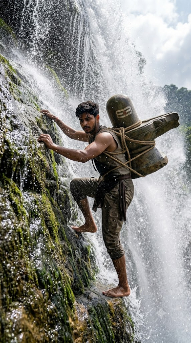 Bahubali Climbing the Waterfall With Shivling