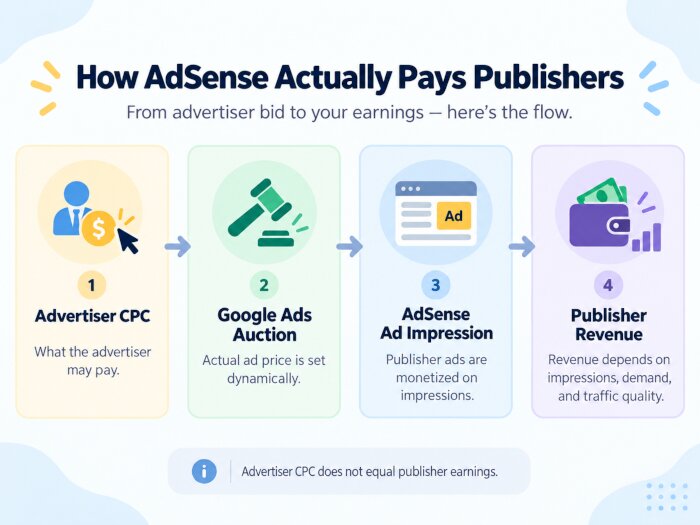 How AdSense actually pays publishers infographic showing advertiser CPC, Google Ads auction, AdSense ad impression, and publisher revenue