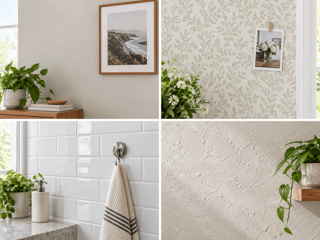 Comparison of wall surfaces including painted drywall, wallpaper, tile, and textured wall for damage-free hanging