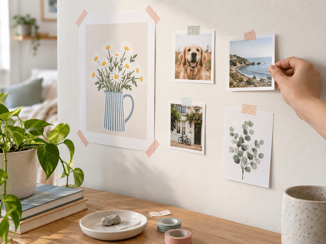 Mounting putty and washi tape used to hang lightweight photos and prints on a wall without damage