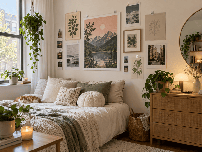 Renter-friendly bedroom setup with posters, framed prints, and wall decor arranged without visible wall damage