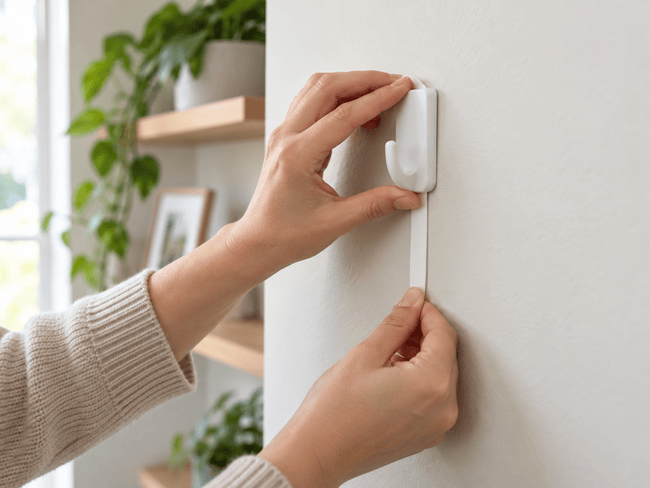 Removing an adhesive wall hook safely by pulling the release strip downward to avoid paint damage