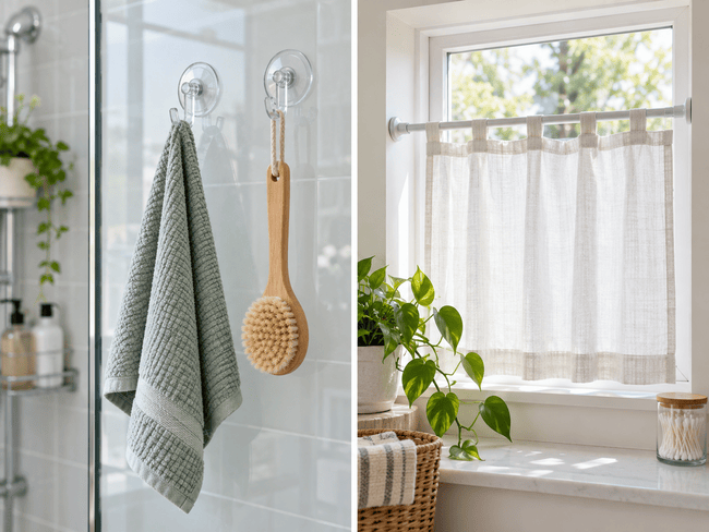 Suction hooks on bathroom glass and a tension rod curtain in a window for damage-free hanging